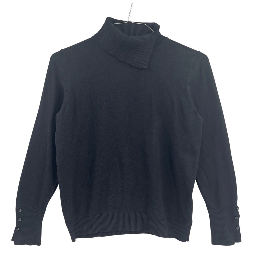 Joseph A Womens Black Asymmetrical Neckline‎ Button Cuff Fine Knit Sweater Top M